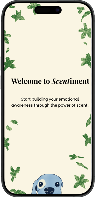 Scentiment welcome screen showing mint leaves and a blue dog mascot